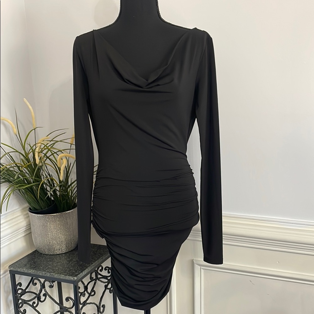 Elegant Black Long-Sleeve Ruched Cowl Neck Dress